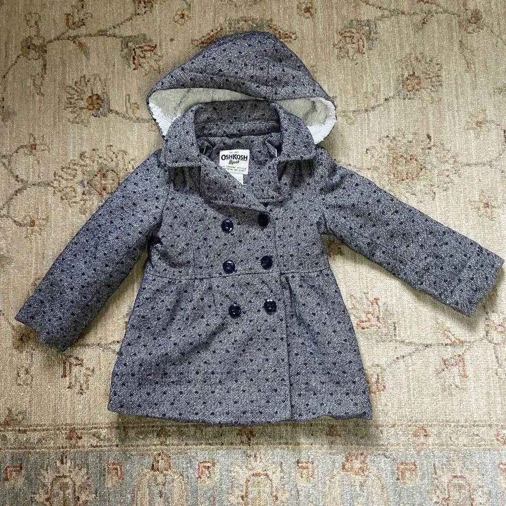 Osh Kosh B'gosh Gray Dress Polka Dot Pea Coat Girls Sz 4 Faux Sherpa Lined Hood